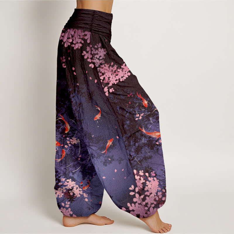 Nimara Ritual Pure Cotton Koi Fish Sakura Pattern Women's Elastic Waist Pants With Pockets