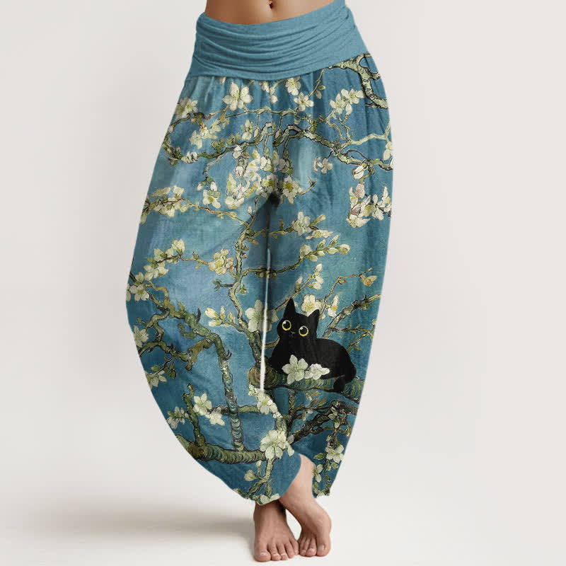 Nimara Ritual Pure Cotton Botanical Blossom Cat Pattern Women's Elastic Waist Harem Pants