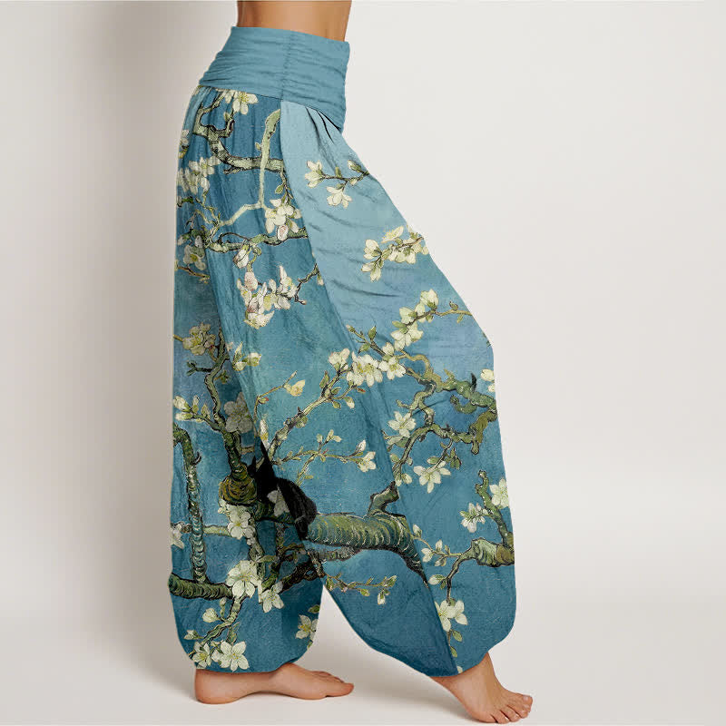 Nimara Ritual Pure Cotton Botanical Blossom Cat Pattern Women's Elastic Waist Harem Pants