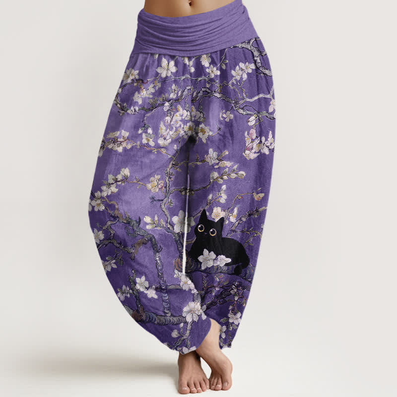 Nimara Ritual Pure Cotton Botanical Blossom Cat Pattern Women's Elastic Waist Harem Pants