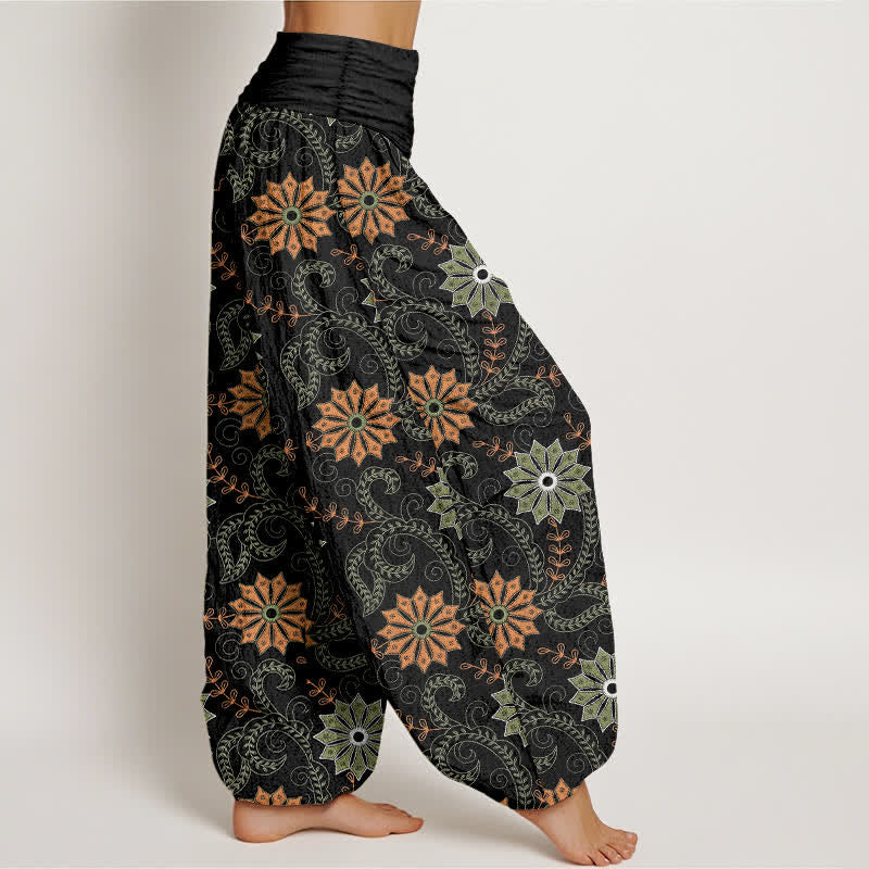 Nimara Ritual Cotton Bohemian Mandala Vine Pattern Women's Elastic Waist Harem Pants