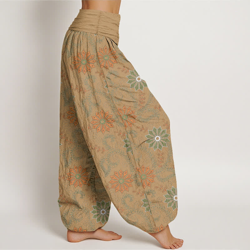 Nimara Ritual Cotton Bohemian Mandala Vine Pattern Women's Elastic Waist Harem Pants