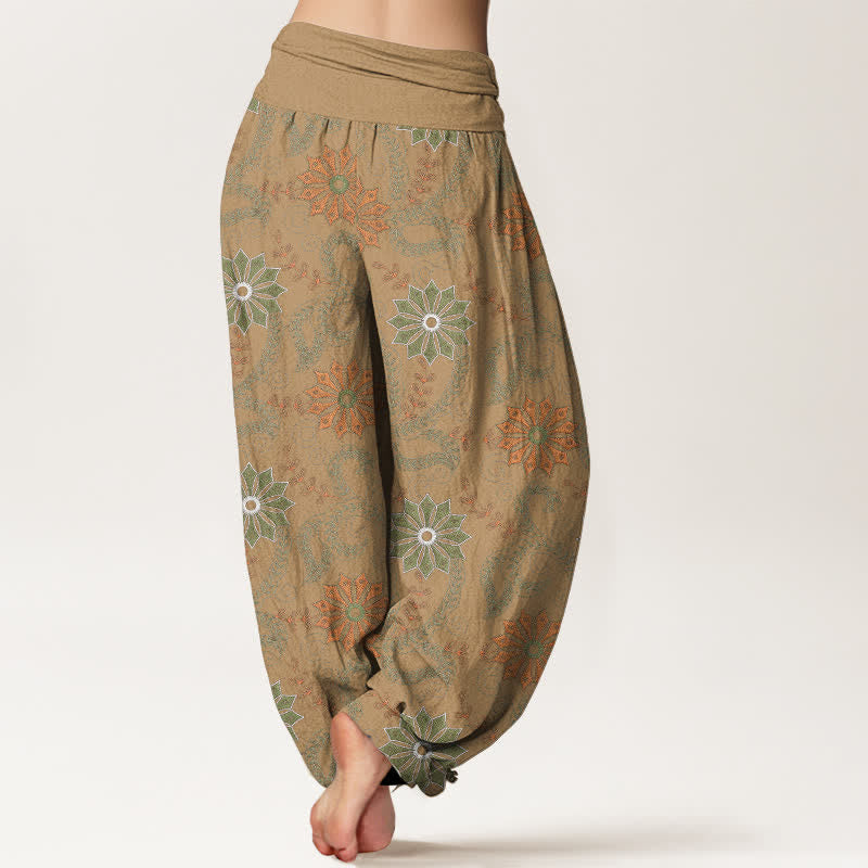 Nimara Ritual Cotton Bohemian Mandala Vine Pattern Women's Elastic Waist Harem Pants