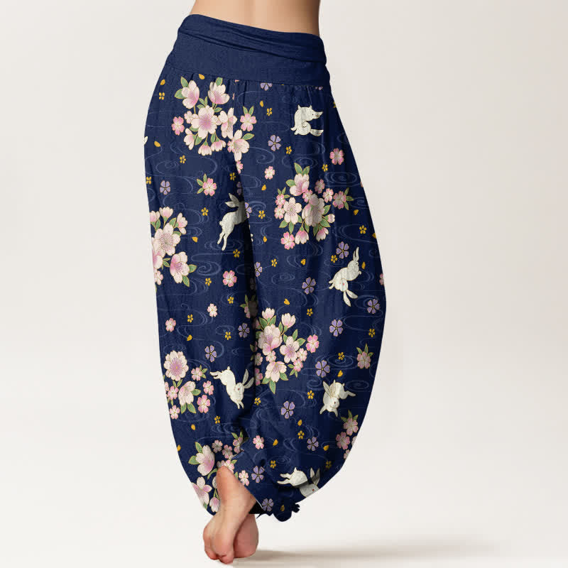 Nimara Ritual Pure Cotton Floral Rabbit Pattern Women's Elastic Waist Harem Pants