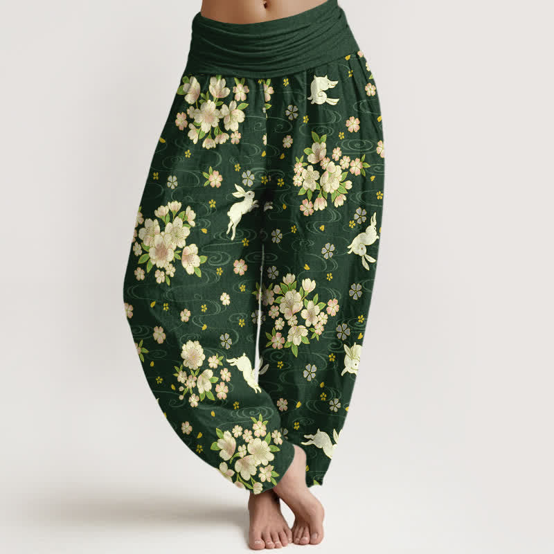 Nimara Ritual Pure Cotton Floral Rabbit Pattern Women's Elastic Waist Harem Pants