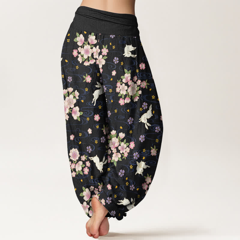 Nimara Ritual Pure Cotton Floral Rabbit Pattern Women's Elastic Waist Harem Pants