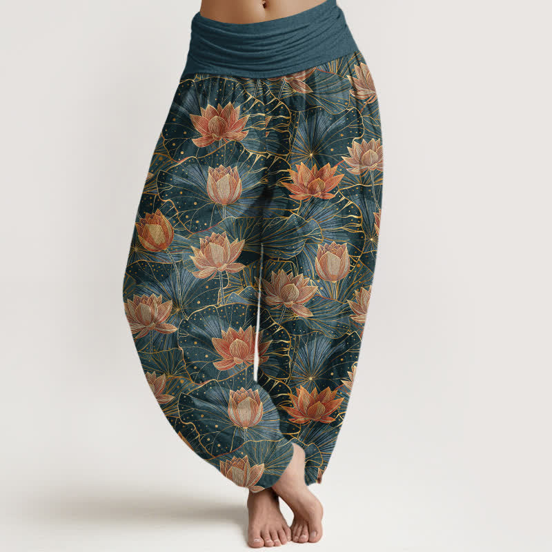 Nimara Ritual Pure Cotton Lotus Bloom Pattern Women's Elastic Waist Harem Pants