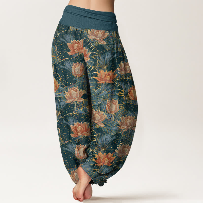 Nimara Ritual Pure Cotton Lotus Bloom Pattern Women's Elastic Waist Harem Pants