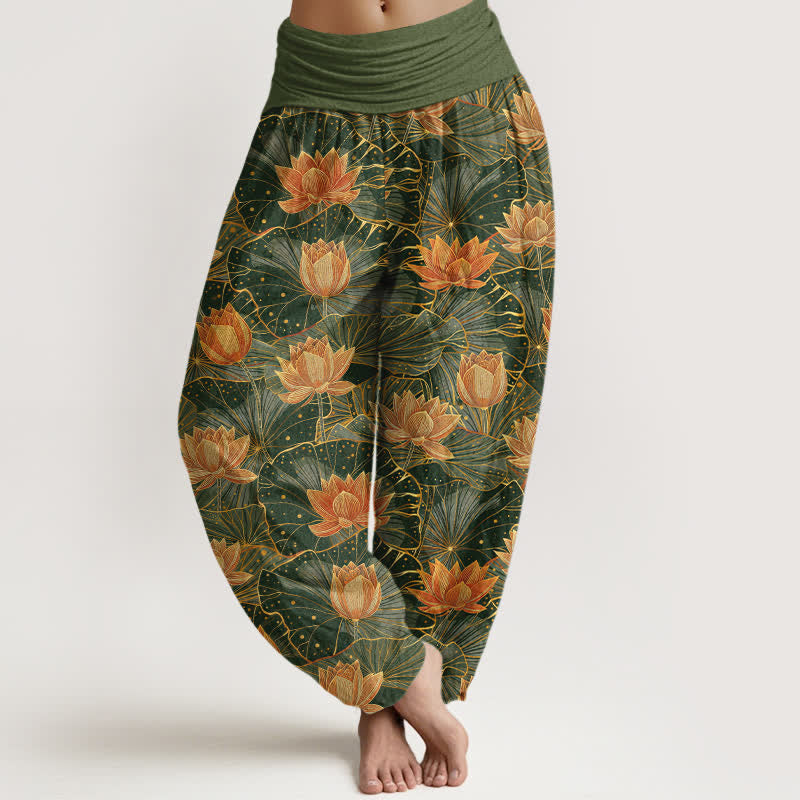 Nimara Ritual Pure Cotton Lotus Bloom Pattern Women's Elastic Waist Harem Pants