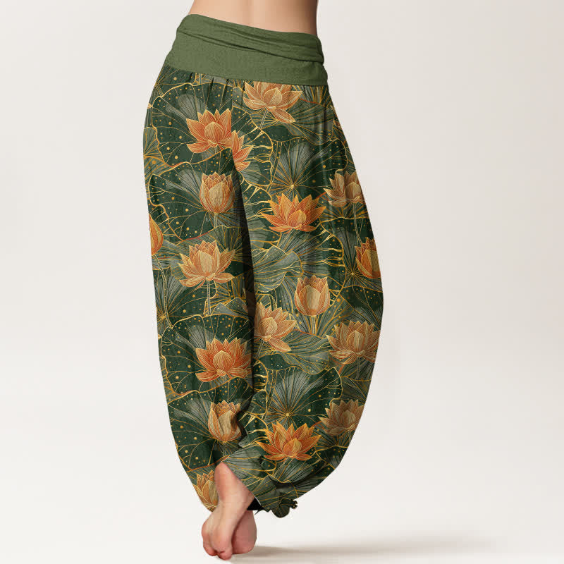 Nimara Ritual Pure Cotton Lotus Bloom Pattern Women's Elastic Waist Harem Pants