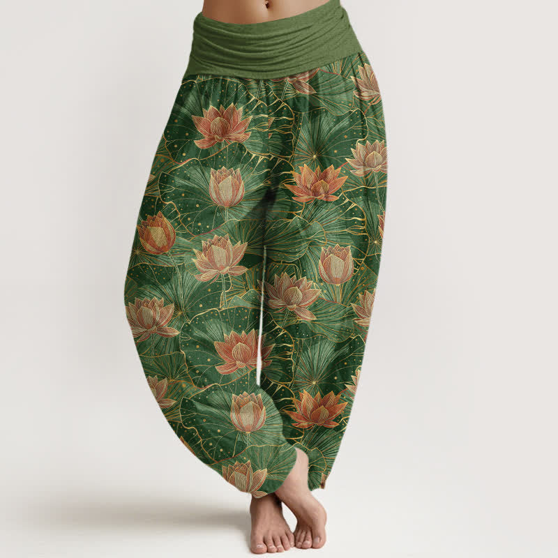 Nimara Ritual Pure Cotton Lotus Bloom Pattern Women's Elastic Waist Harem Pants
