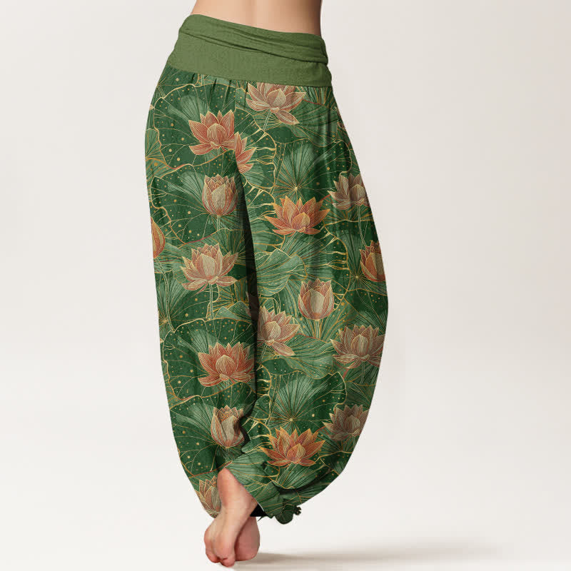 Nimara Ritual Pure Cotton Lotus Bloom Pattern Women's Elastic Waist Harem Pants