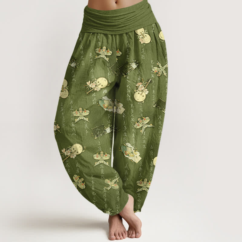 Nimara Ritual Pure Cotton Kite Musical Instrument Calligraphy Pattern Women's Elastic Waist Harem Pants