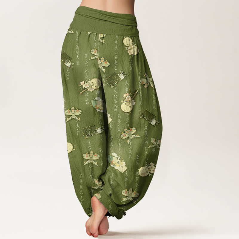 Nimara Ritual Pure Cotton Kite Musical Instrument Calligraphy Pattern Women's Elastic Waist Harem Pants