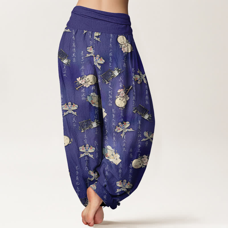 Nimara Ritual Pure Cotton Kite Musical Instrument Calligraphy Pattern Women's Elastic Waist Harem Pants