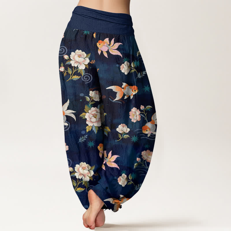 Nimara Ritual Pure Cotton Koi Fish Floral Pattern Women's Elastic Waist Harem Pants