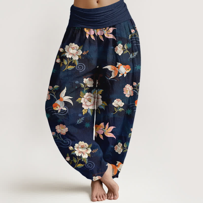Nimara Ritual Pure Cotton Koi Fish Floral Pattern Women's Elastic Waist Harem Pants