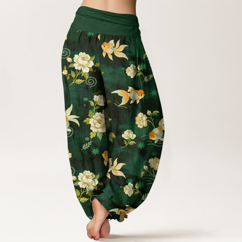 Nimara Ritual Pure Cotton Koi Fish Floral Pattern Women's Elastic Waist Harem Pants