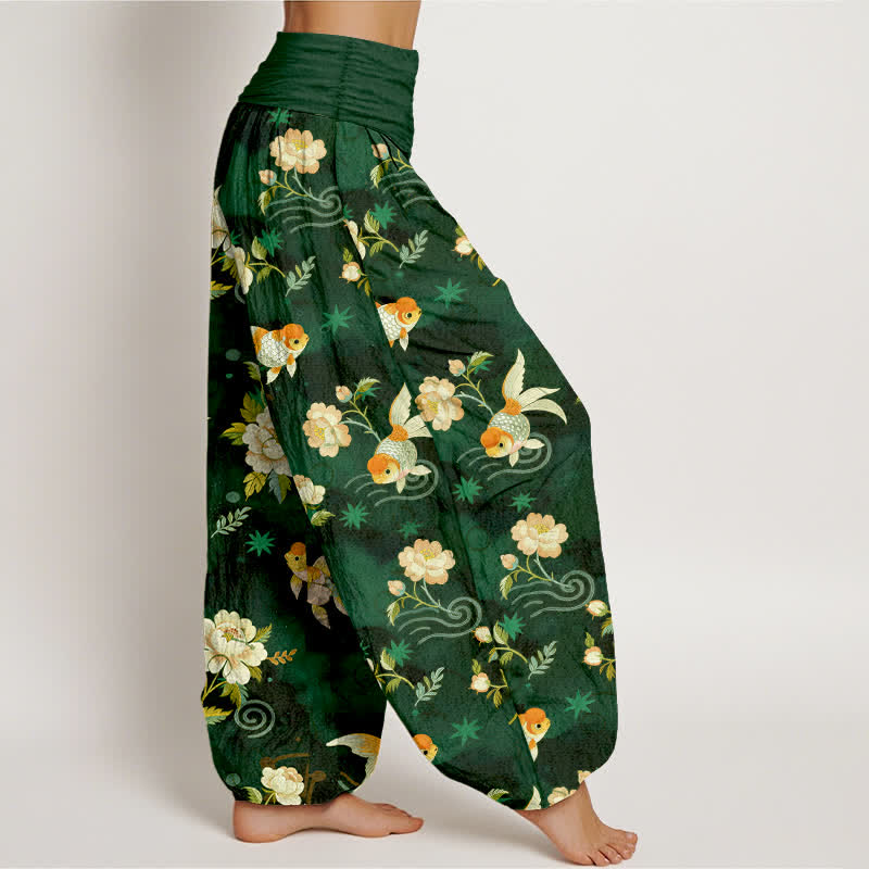 Nimara Ritual Pure Cotton Koi Fish Floral Pattern Women's Elastic Waist Harem Pants
