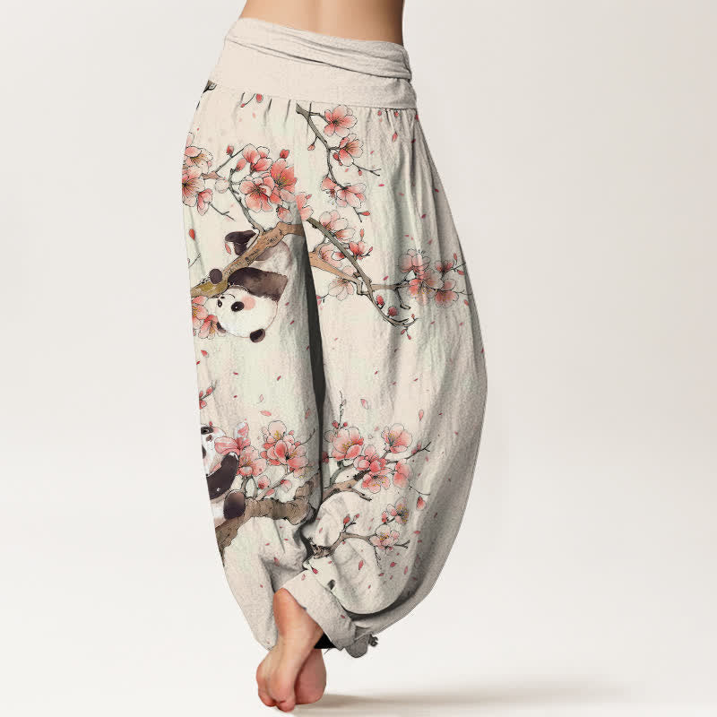 Nimara Ritual Pure Cotton Panda Cherry Blossom Pattern Women's Elastic Waist Harem Pants