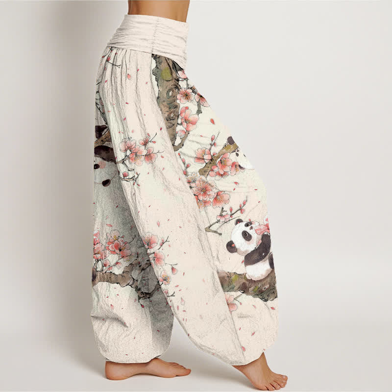 Nimara Ritual Pure Cotton Panda Cherry Blossom Pattern Women's Elastic Waist Harem Pants