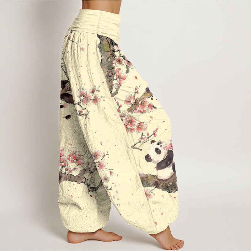 Nimara Ritual Pure Cotton Panda Cherry Blossom Pattern Women's Elastic Waist Harem Pants