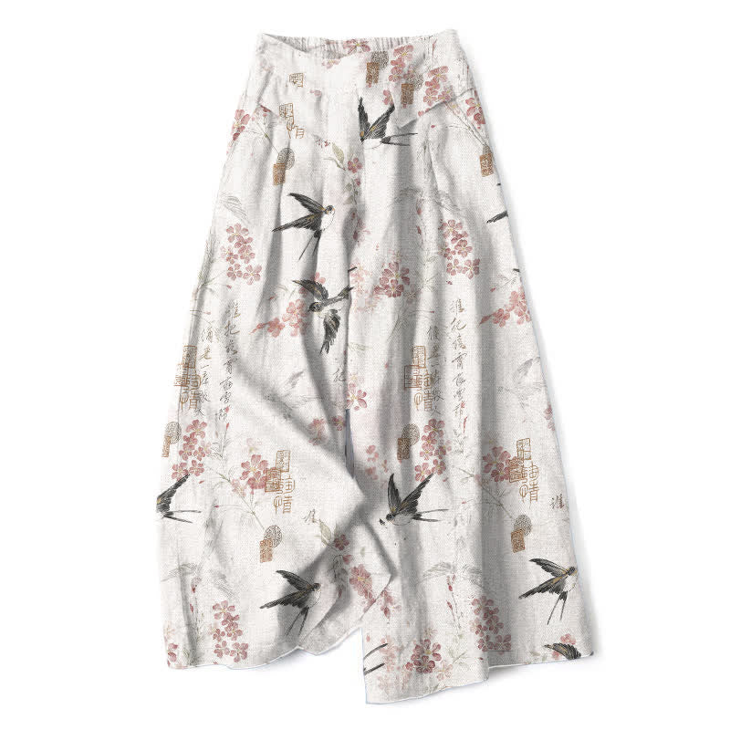 Nimara Ritual Cotton Linen Floral Bird Pattern Women's Elastic Waist Wide Leg Pants With Pockets