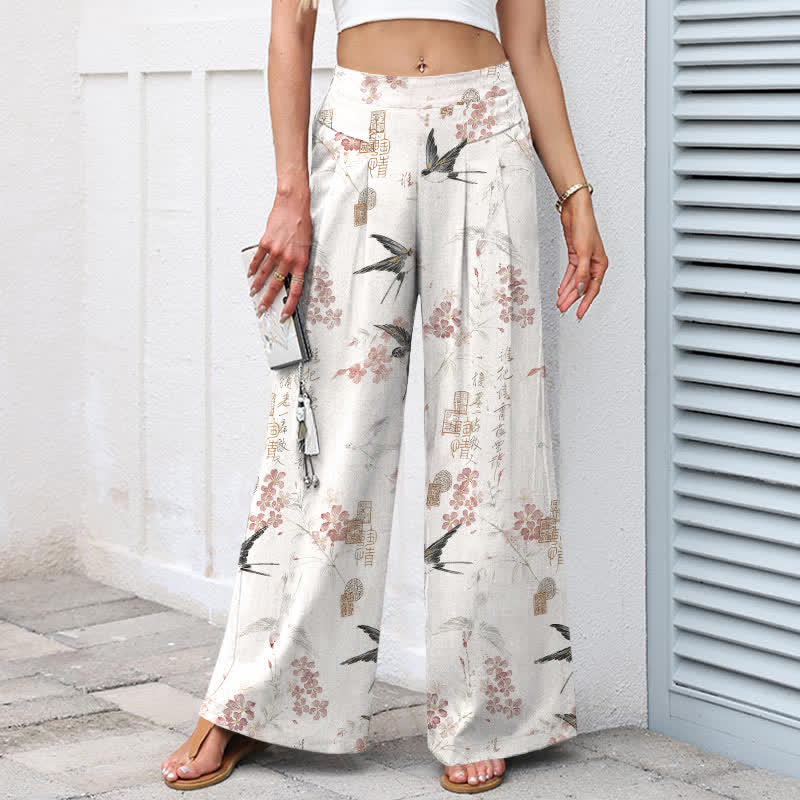 Nimara Ritual Cotton Linen Floral Bird Pattern Women's Elastic Waist Wide Leg Pants With Pockets