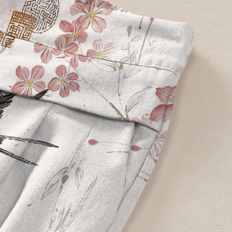 Nimara Ritual Cotton Linen Floral Bird Pattern Women's Elastic Waist Wide Leg Pants With Pockets