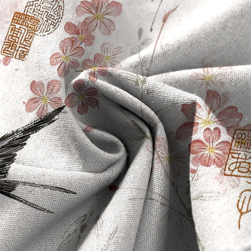Nimara Ritual Cotton Linen Floral Bird Pattern Women's Elastic Waist Wide Leg Pants With Pockets