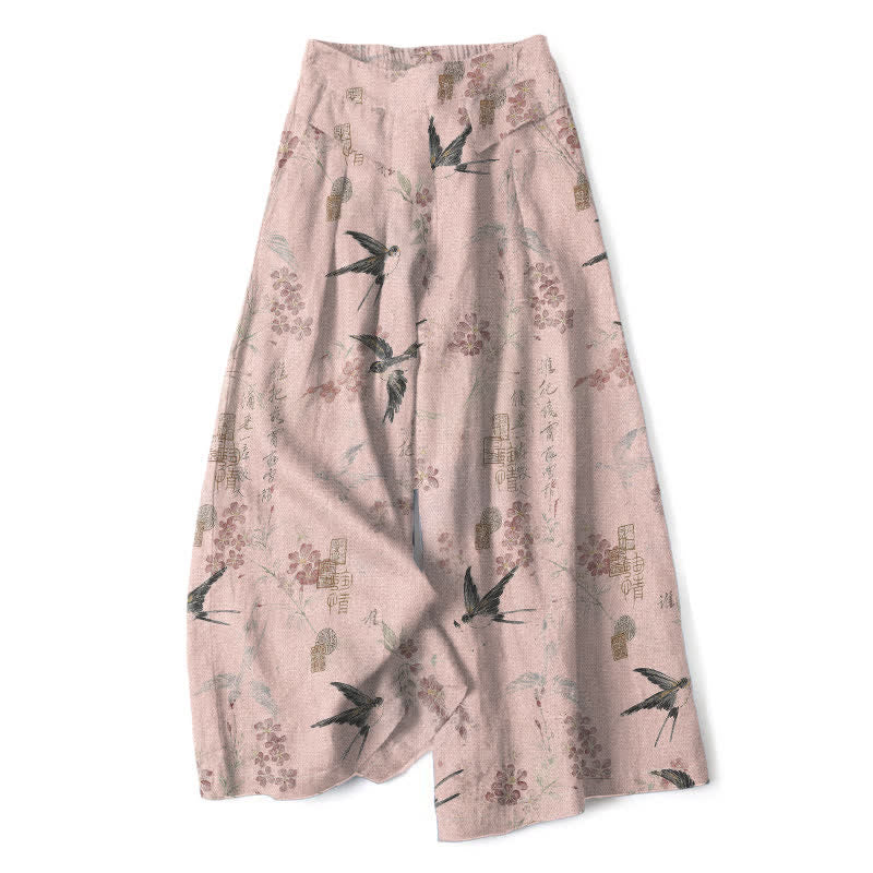 Nimara Ritual Cotton Linen Floral Bird Pattern Women's Elastic Waist Wide Leg Pants With Pockets