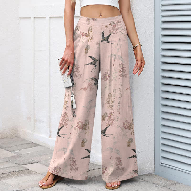 Nimara Ritual Cotton Linen Floral Bird Pattern Women's Elastic Waist Wide Leg Pants With Pockets