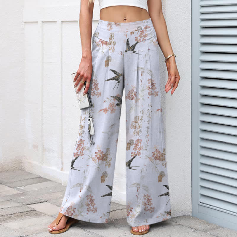 Nimara Ritual Cotton Linen Floral Bird Pattern Women's Elastic Waist Wide Leg Pants With Pockets