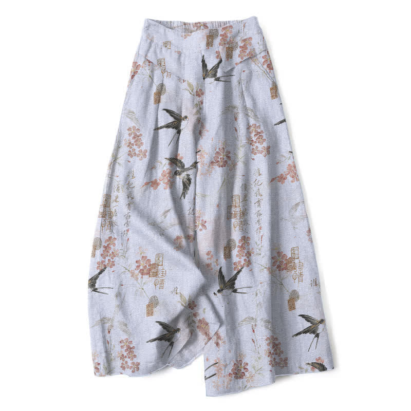 Nimara Ritual Cotton Linen Floral Bird Pattern Women's Elastic Waist Wide Leg Pants With Pockets