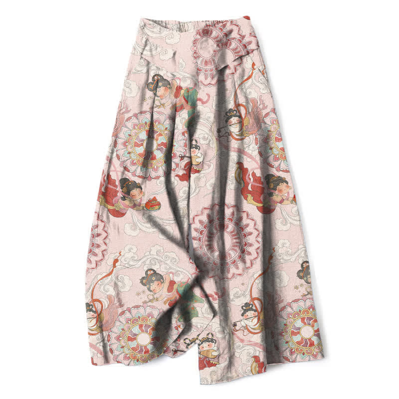 Nimara Ritual Cotton Linen Fairy Floral Pattern Women's Elastic Waist Wide Leg Pants With Pockets
