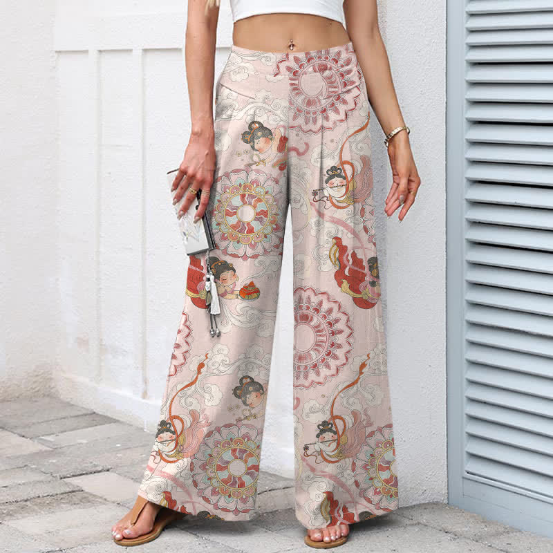 Nimara Ritual Cotton Linen Fairy Floral Pattern Women's Elastic Waist Wide Leg Pants With Pockets