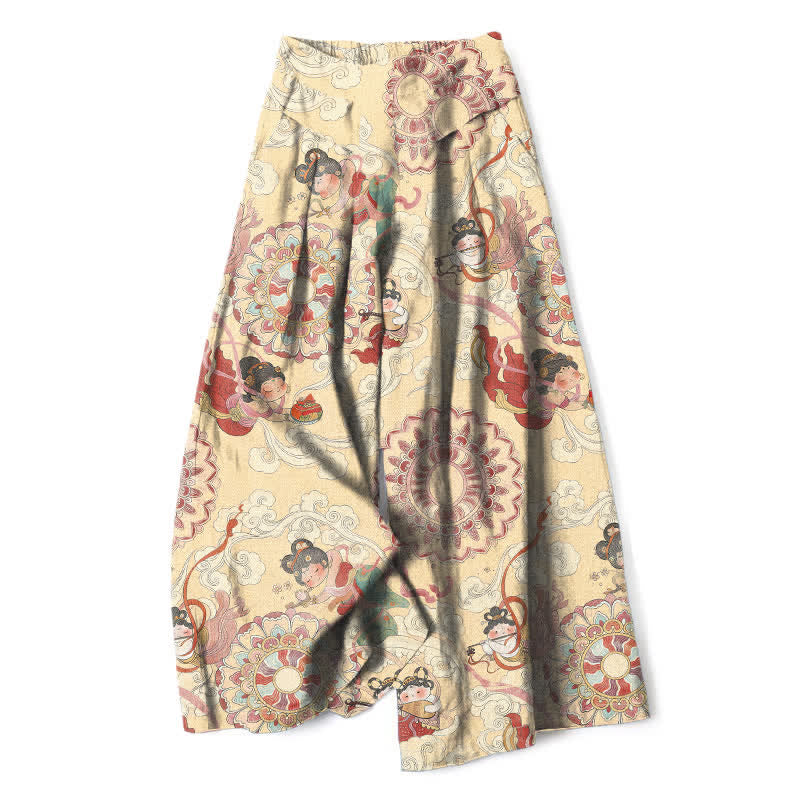 Nimara Ritual Cotton Linen Fairy Floral Pattern Women's Elastic Waist Wide Leg Pants With Pockets