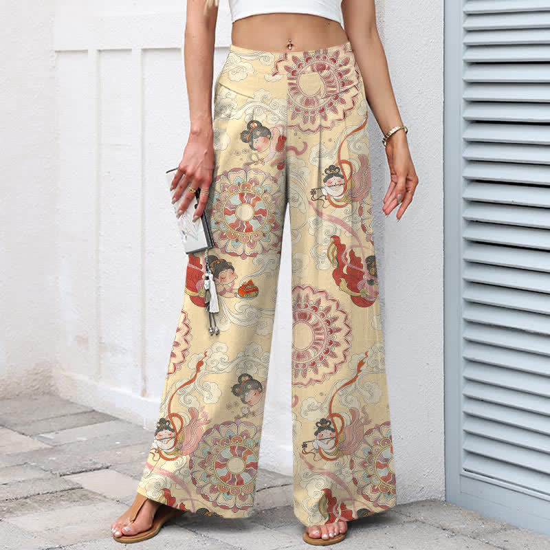Nimara Ritual Cotton Linen Fairy Floral Pattern Women's Elastic Waist Wide Leg Pants With Pockets