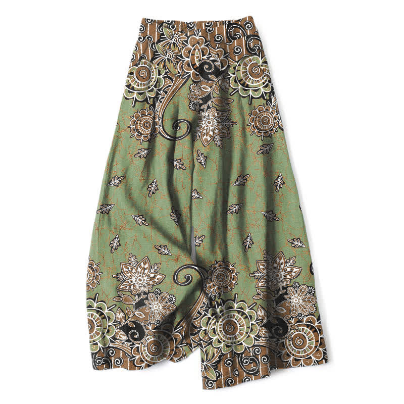 Nimara Ritual Cotton Linen Bohemian Mandala Pattern Women's Elastic Waist Wide Leg Pants With Pockets