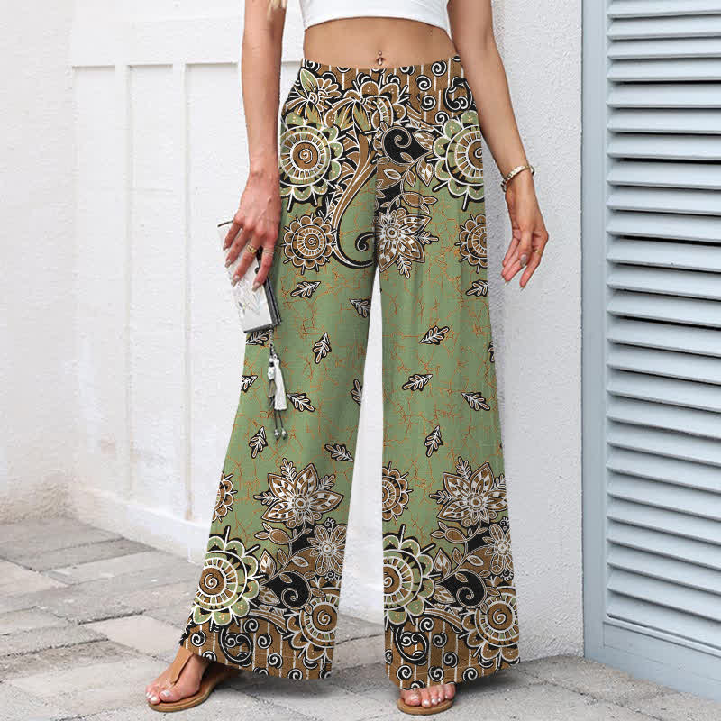 Nimara Ritual Cotton Linen Bohemian Mandala Pattern Women's Elastic Waist Wide Leg Pants With Pockets
