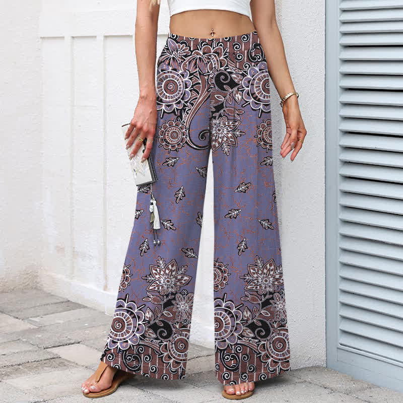 Nimara Ritual Cotton Linen Bohemian Mandala Pattern Women's Elastic Waist Wide Leg Pants With Pockets
