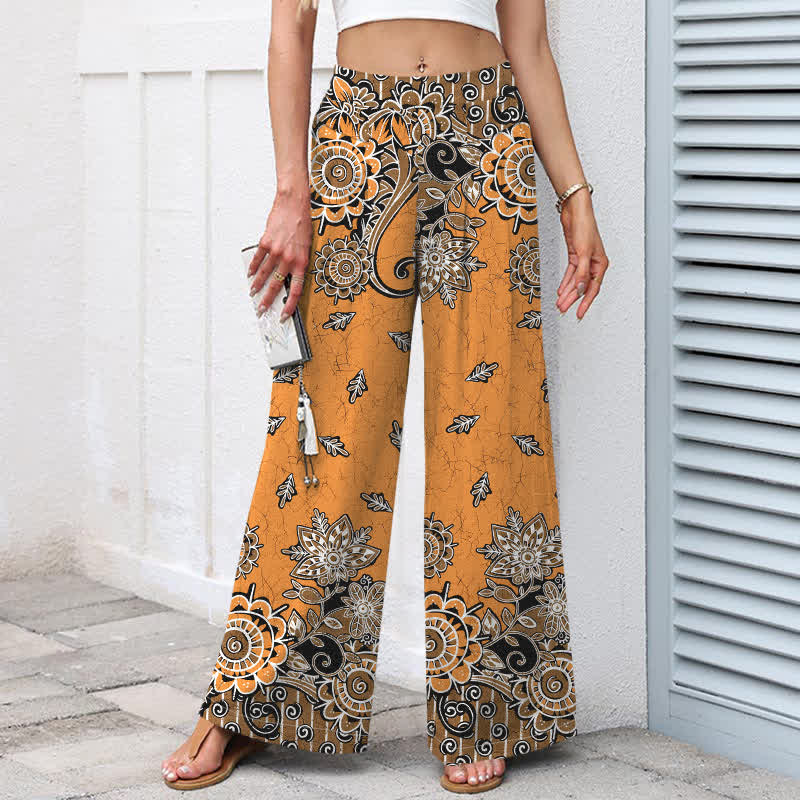 Nimara Ritual Cotton Linen Bohemian Mandala Pattern Women's Elastic Waist Wide Leg Pants With Pockets