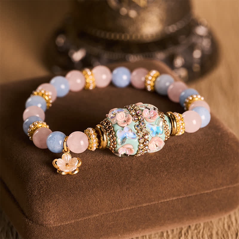 Nimara Ritual Rose Quartz Blue Chalcedony Copper Barrel Bead Flower Pendant Love Round Bead Bracelet