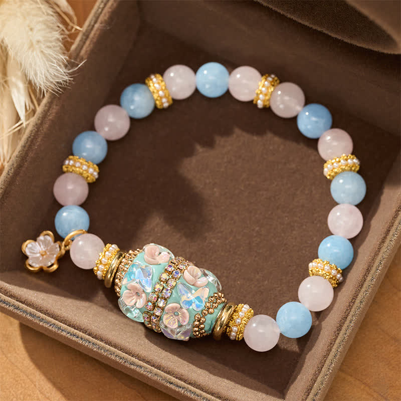 Nimara Ritual Rose Quartz Blue Chalcedony Copper Barrel Bead Flower Pendant Love Round Bead Bracelet