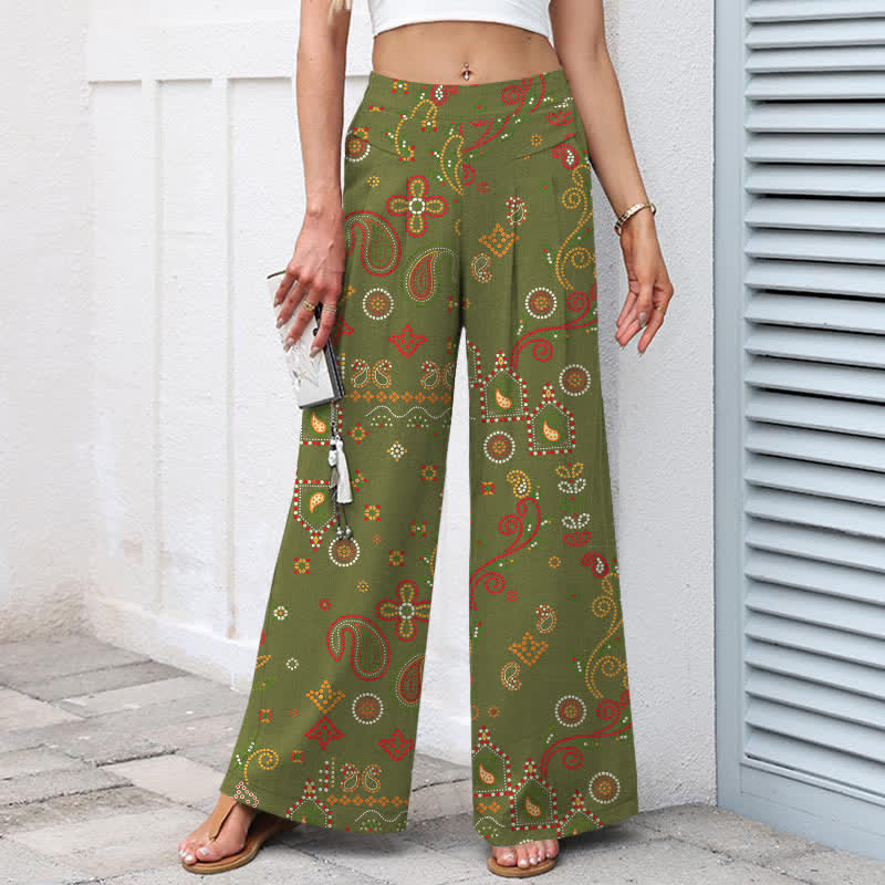 Nimara Ritual Cotton Linen Floral Folk-inspired Pattern Women's Elastic Waist Wide Leg Pants With Pockets