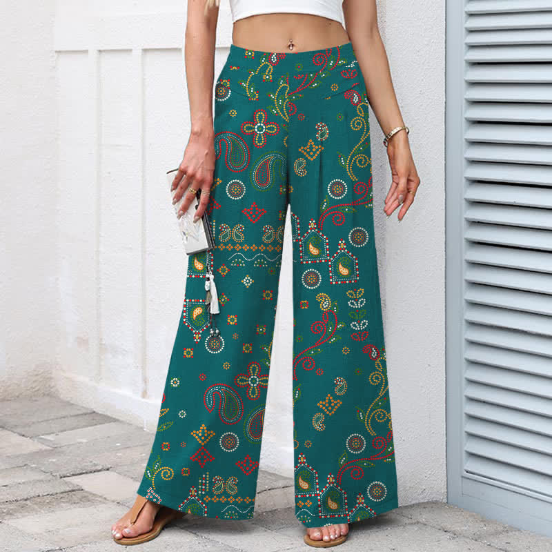 Nimara Ritual Cotton Linen Floral Folk-inspired Pattern Women's Elastic Waist Wide Leg Pants With Pockets
