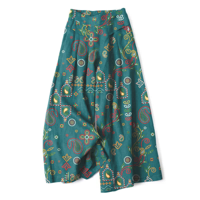 Nimara Ritual Cotton Linen Floral Folk-inspired Pattern Women's Elastic Waist Wide Leg Pants With Pockets
