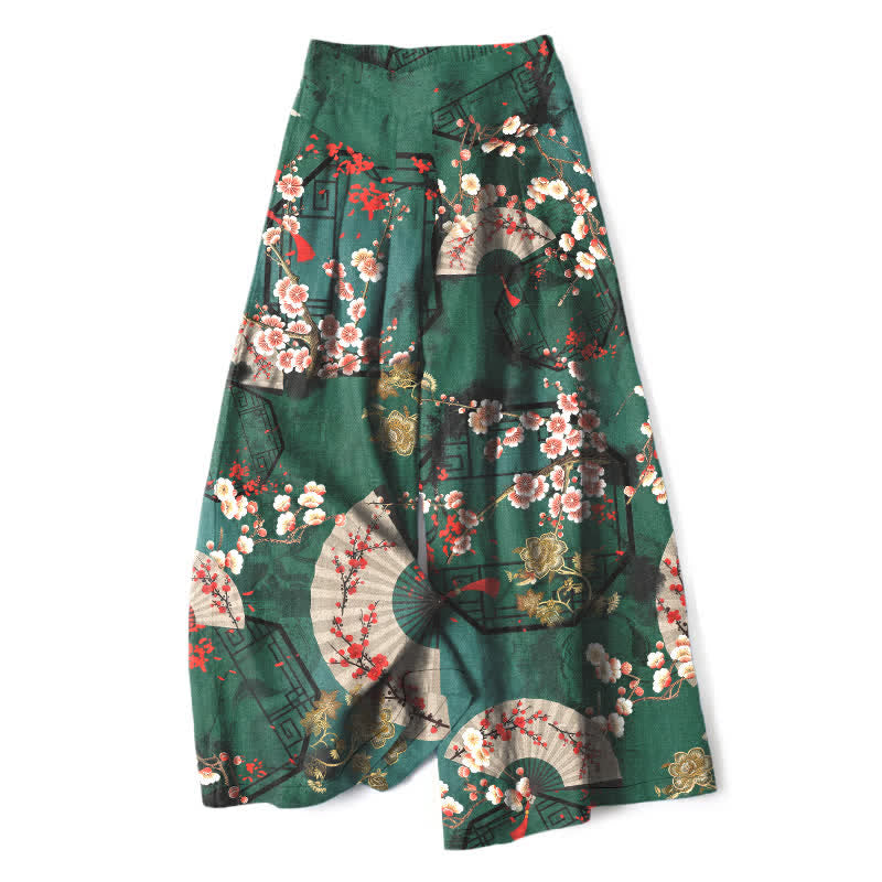 Nimara Ritual Cotton Linen Oriental Floral Fan Pattern Women's Elastic Waist Wide Leg Pants With Pockets