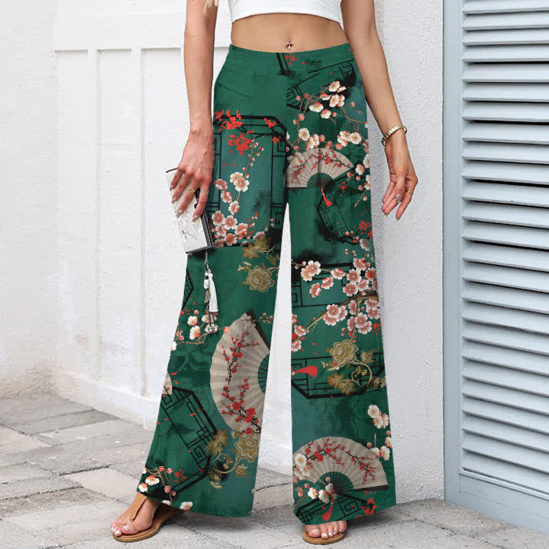 Nimara Ritual Cotton Linen Oriental Floral Fan Pattern Women's Elastic Waist Wide Leg Pants With Pockets