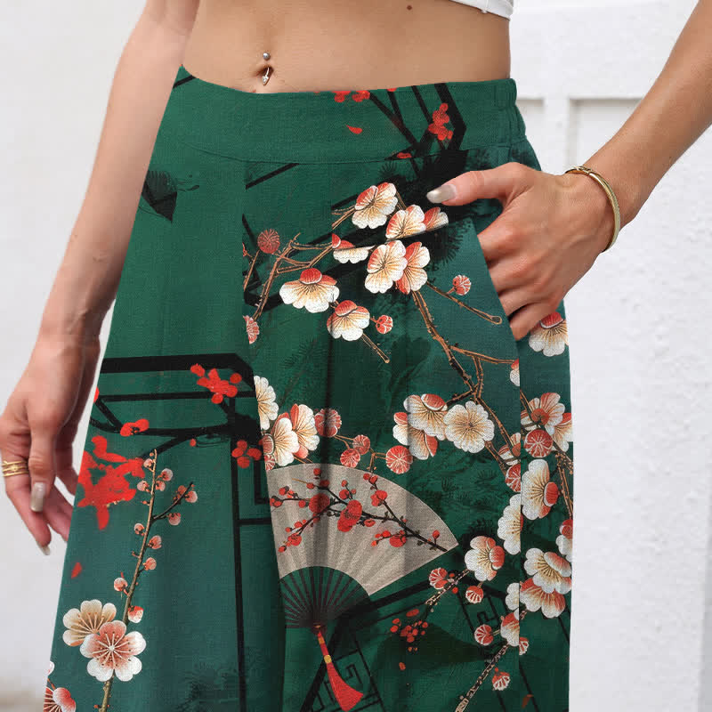 Nimara Ritual Cotton Linen Oriental Floral Fan Pattern Women's Elastic Waist Wide Leg Pants With Pockets